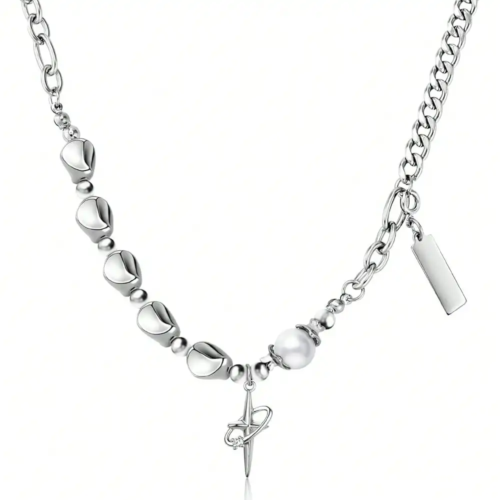 

Серебряное ожерелье-цепочка с жемчугом, бусинами и геометрическим кулоном