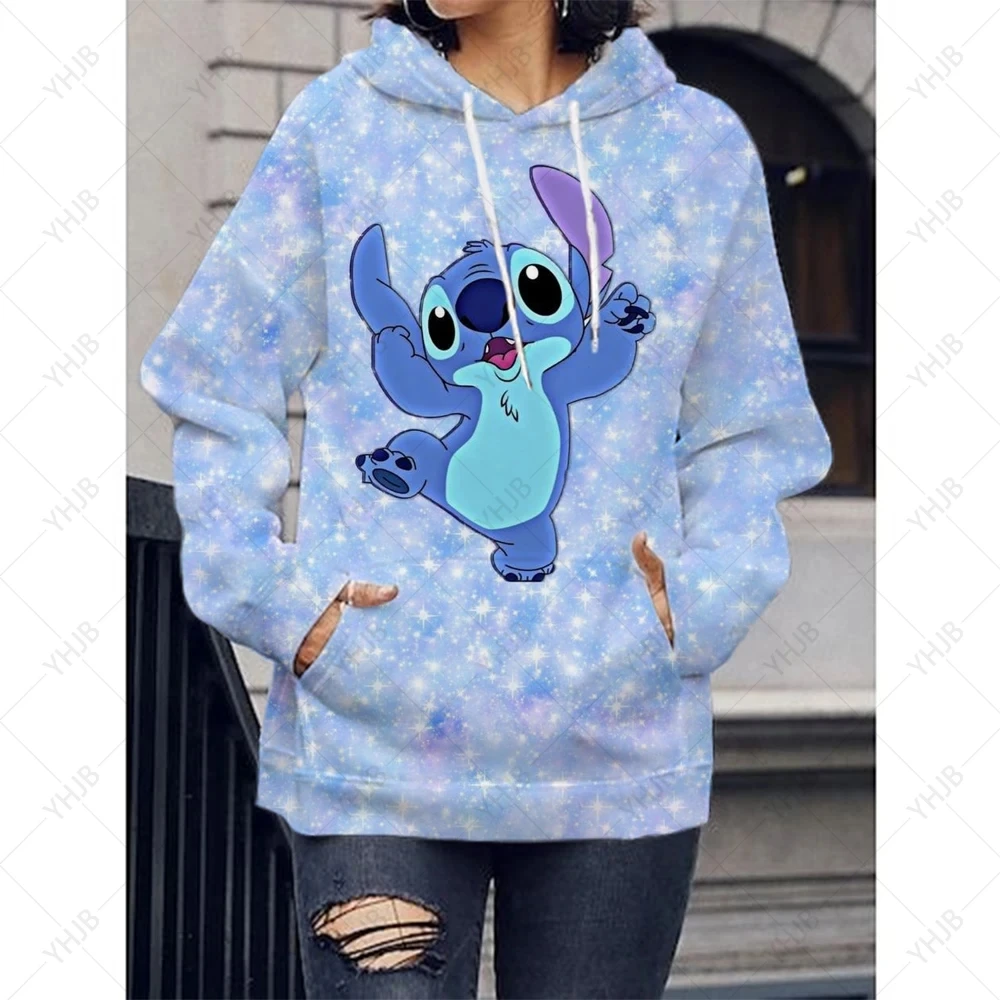 Disney-Hoodies Femininos Lilo e Stitch Cartoon, Ohana Stitch, Streetwear Gráfico Kawaii, Tops Unisex, Camisolas Anime Feminino