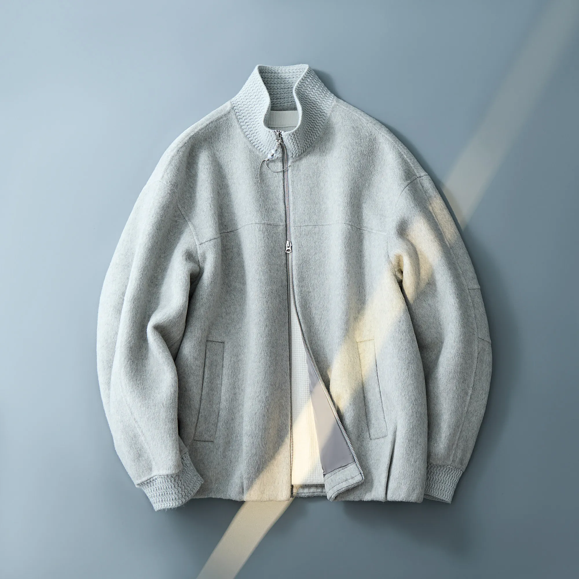 Men's Double-faced Wool Blended Jacket Knit Rib Collar Zip Up Coat Autumn Winter Loose Fit Wool Outerwear Casual Male Overcoat