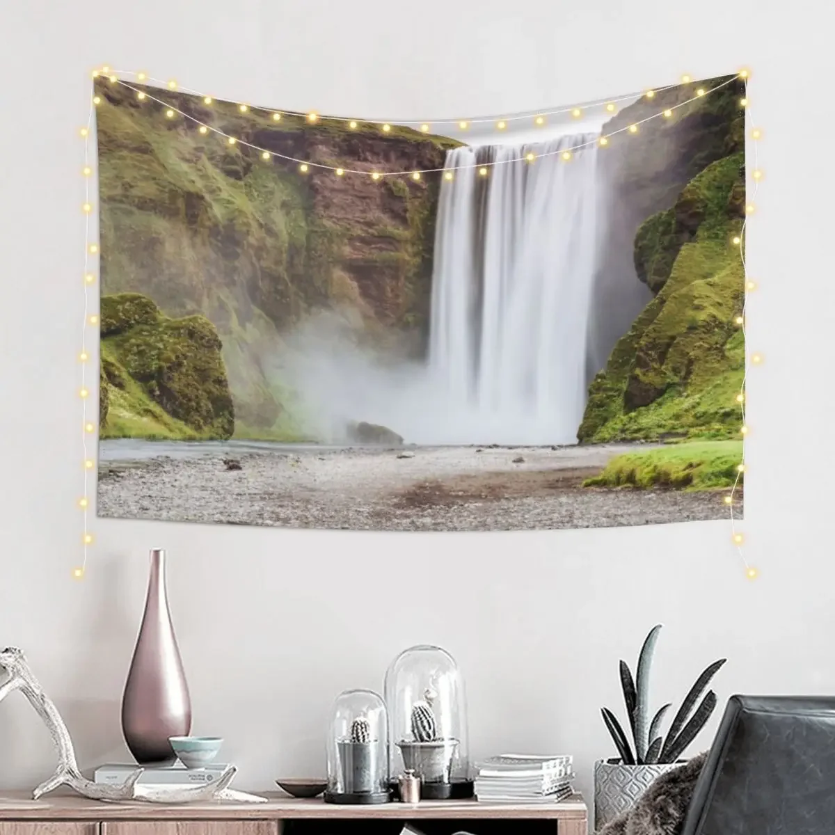 Skogafoss waterfall Tapestry Mushroom Decorative Paintings Aesthetic Room Decoration Wall Tapestries Tapestry