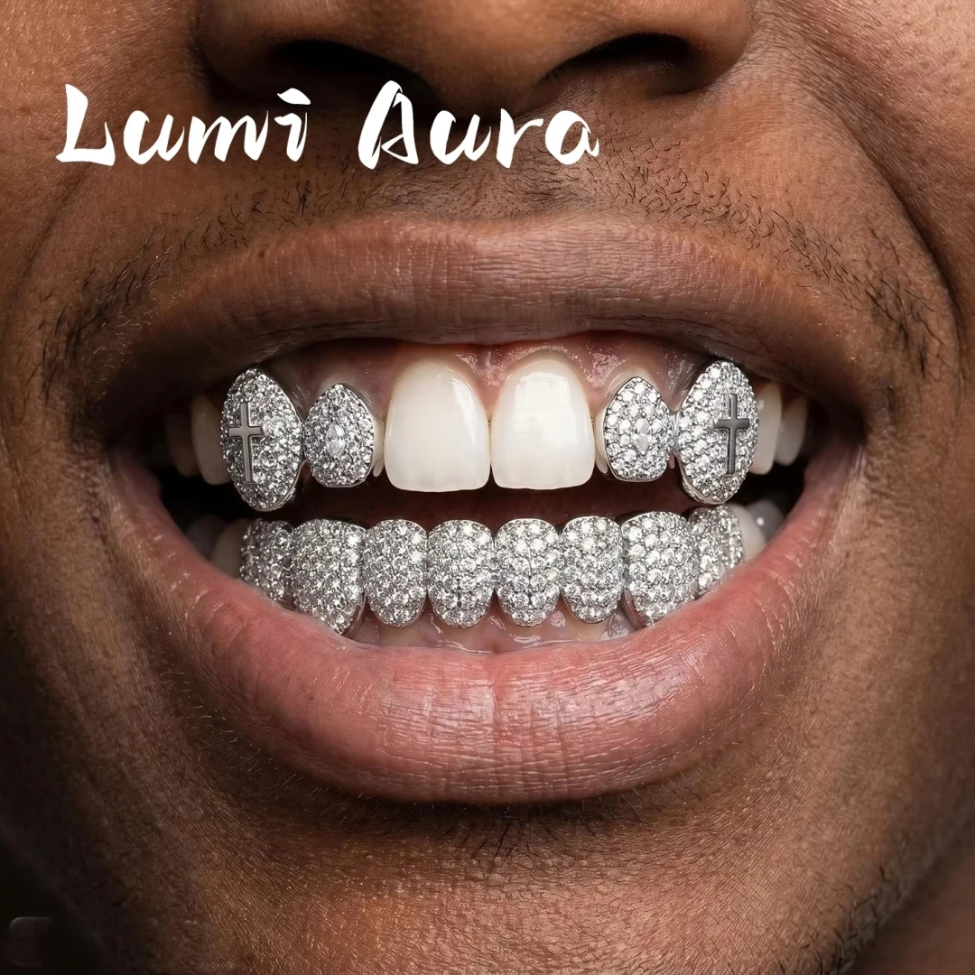 2-teiliges Hip-Hop Doppelzahn-Grillz-Set für Herren, massives Heiliges Kreuz CZ Ober- & Unterzähne Rapper Punk-Stil Glänzendes Weihnachtsgeschenk – Detail 13