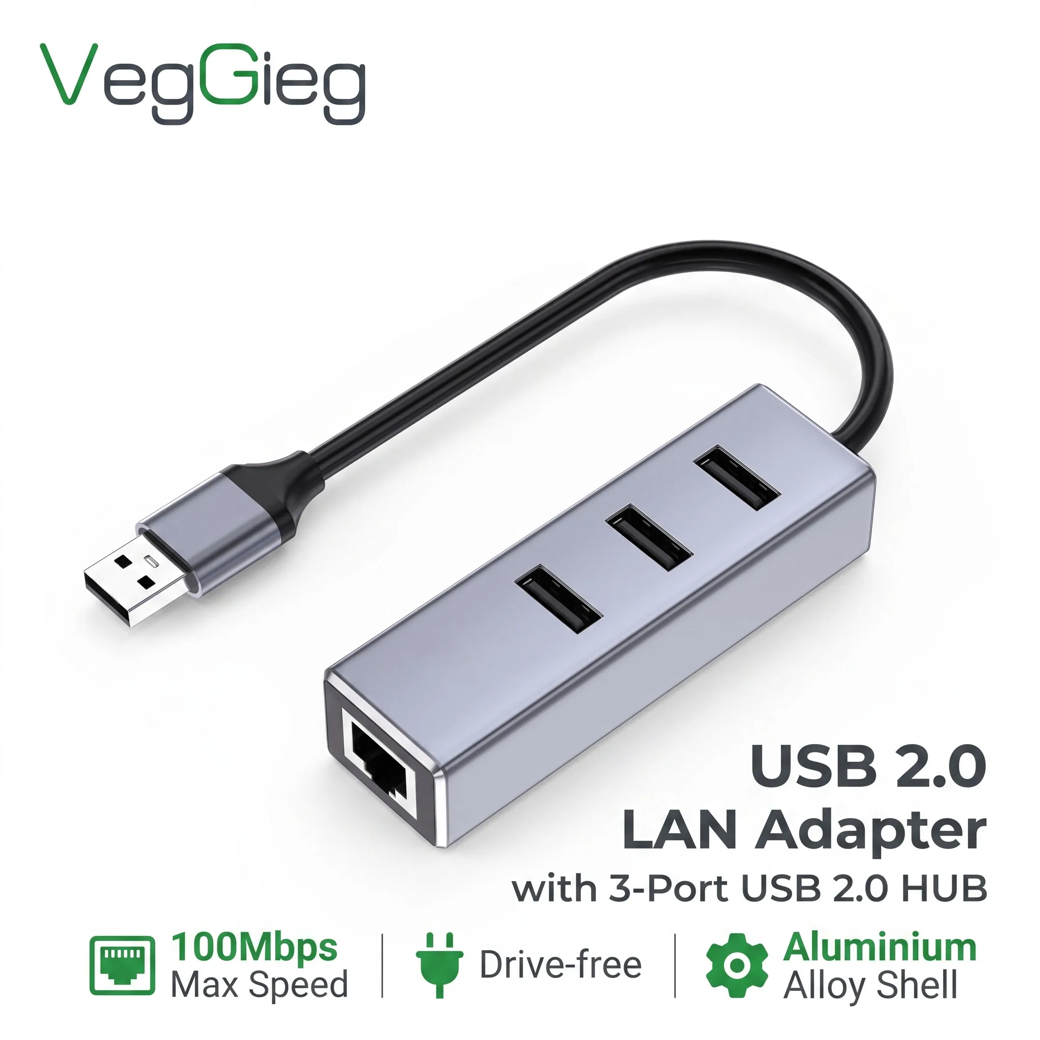 VegGieg Ethernet Adapter USB Type-C to 100Mbps with 3-Port USB 2.0 Hub for Laptop PC - Network Card Adapter