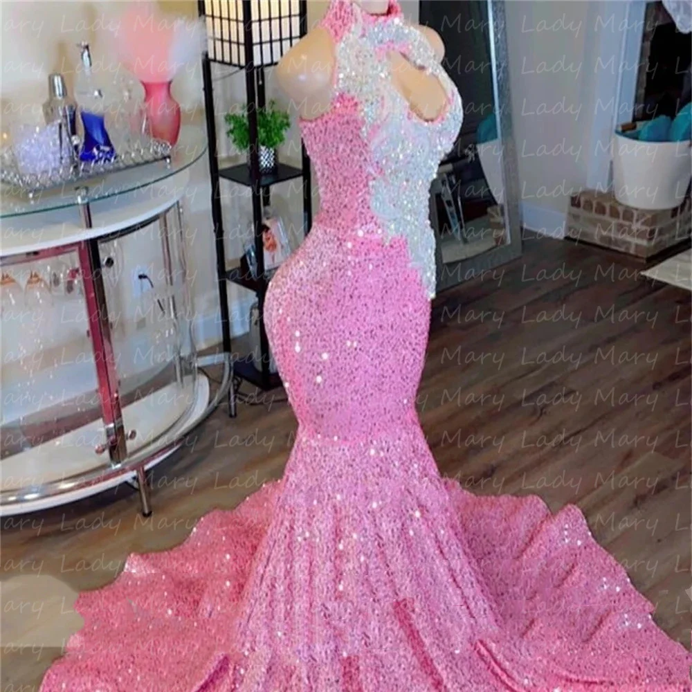 Customized Pink Sequin Prom Dresses Rhinestones Halter High Neck Girl Silver Crystal Long Evening Gowns Graduation Party Rob