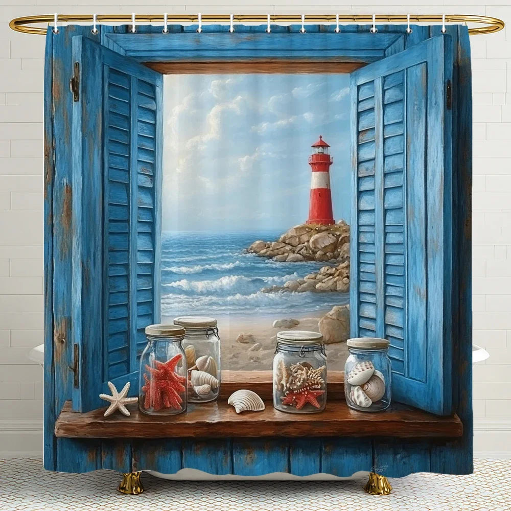 Watercolor Blue Window Ocean Lighthouse Shell Shower Curtain Shower Curtain, Bathroom Decorative Shower Curtain with Hooks