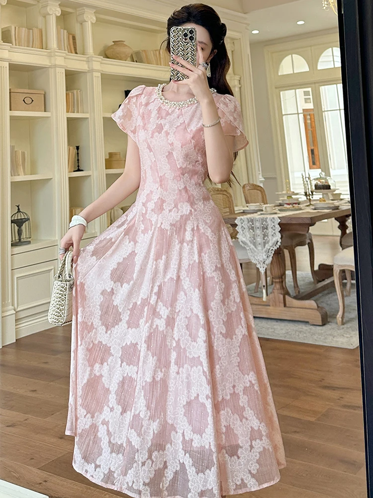Nuove donne estive abiti rosa perla girocollo volant manica corta maxi abito abito dolce ed elegante abito da sera da ballo per feste da donna