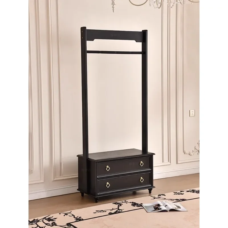 

American retro solid wood coat rack, antique black floor in the bedroom, bedside hanger with locker integrated