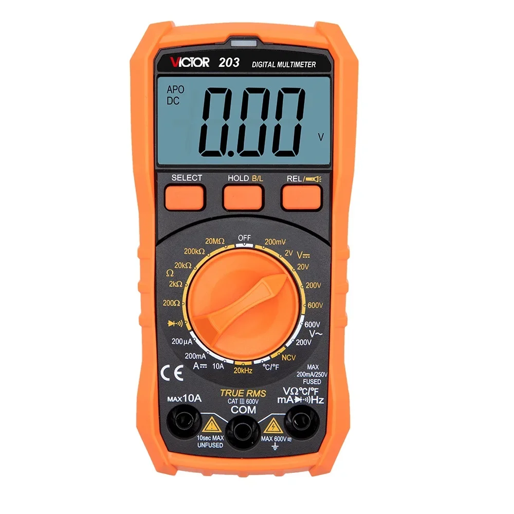 203 Auto Range Digital Multimeter1999 Counts Large LCD Display With True RMS1000V/20A AC DC With Temperature Frequency