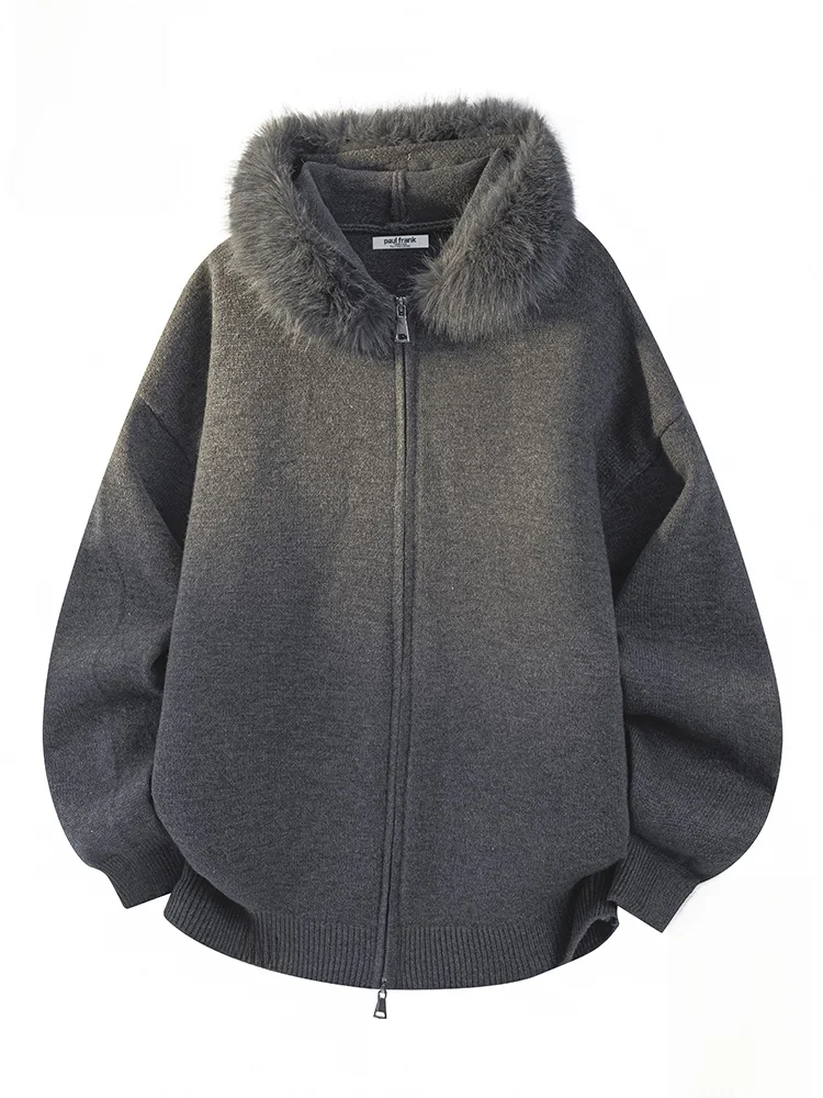 

Мужской вязаный свитер PaulFrank с капюшоном, осенний, однотонный, повседневный, универсальный, для пар, верхняя одежда с меховым воротником