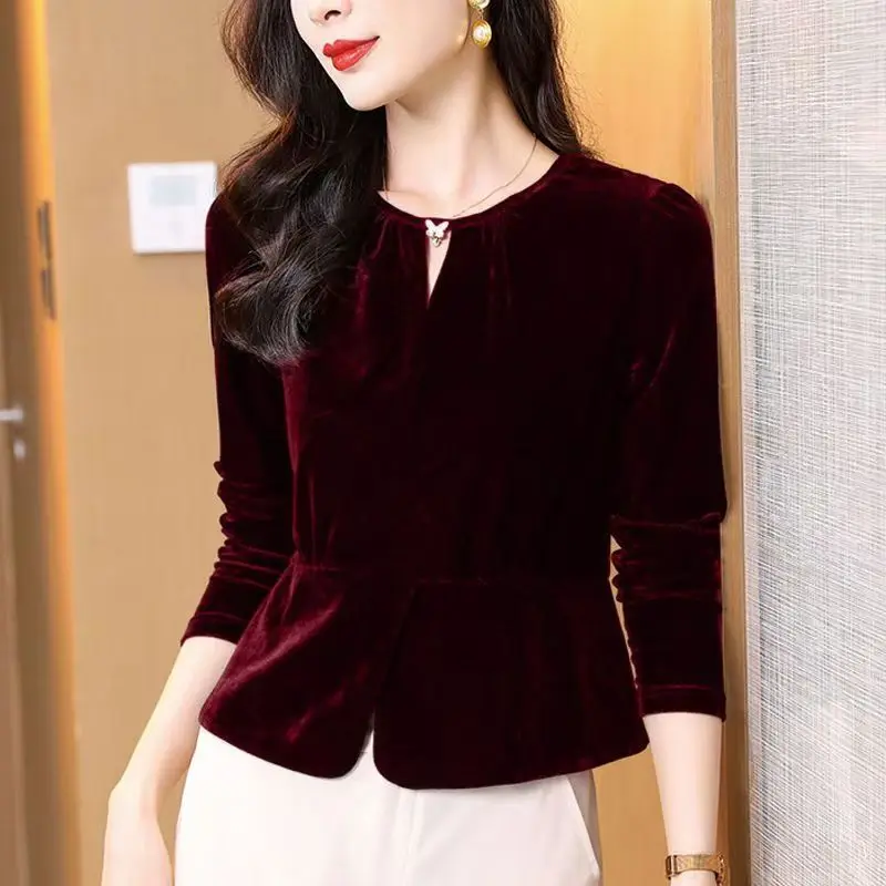 Camicia a maniche lunghe in velluto tinta unita primavera donna O collo Slim Casual elegante farfalla design coreano camicetta Top 2025 Blusas Mujer