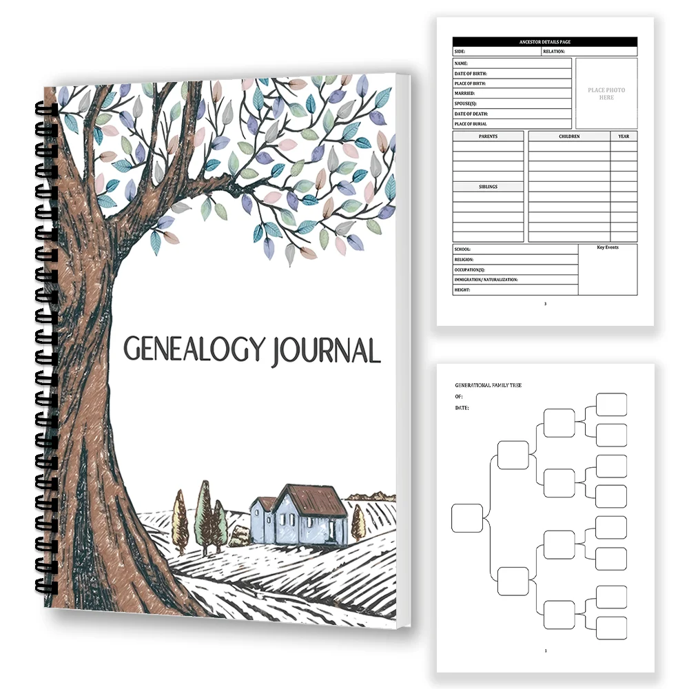 1 Stück Stammbaum-Notizbuch - 100 Seiten A5 Spiralgebundenes Genealogie-Journal mit Stammbaum-Organizer, Vintage Blumendesign - Herita