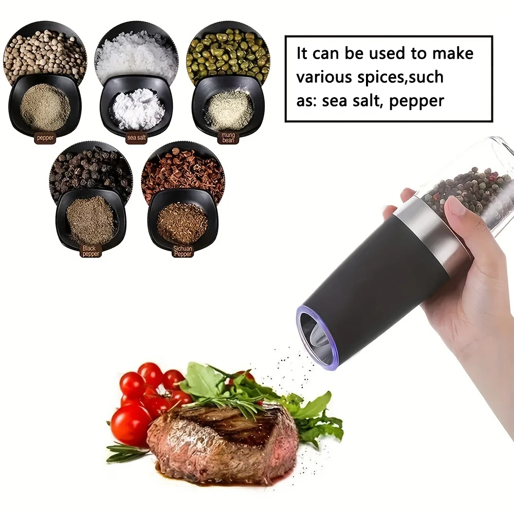 Pepper grinder, household sea salt grinder, electric adjustable spice grinder, reusable pepper crusher, kitchen gadget, adjustable coarseness, battery-powered LED light, one-handed automatic operation image 5