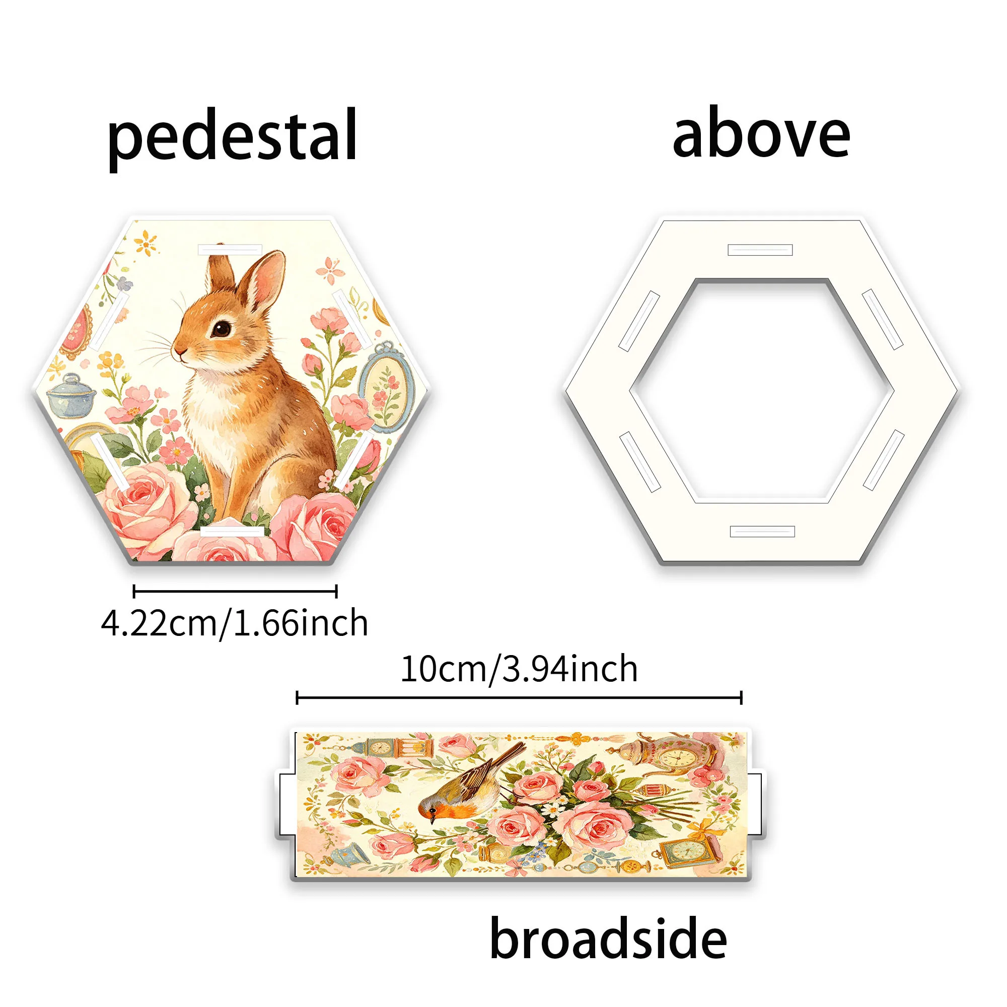 11pcs (1pc pen holder+10pcs random ballpoint pen) French retro countryside bird rabbit themed hexagonal acrylic pen holder