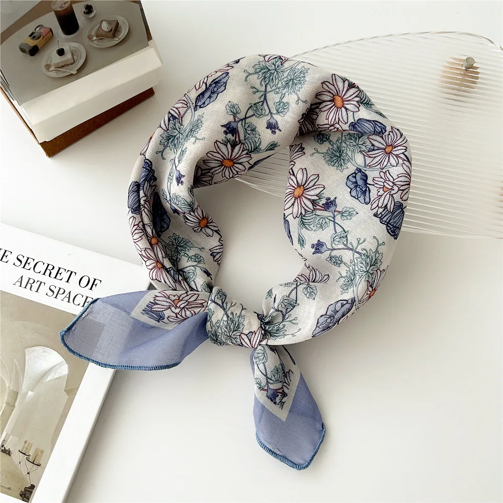 55cm Girls Cotton Linen Spring Summer Square Scarf for Women Korean Chic Headband Fashion Decorative Hairband Floral Neck Scarf image 3