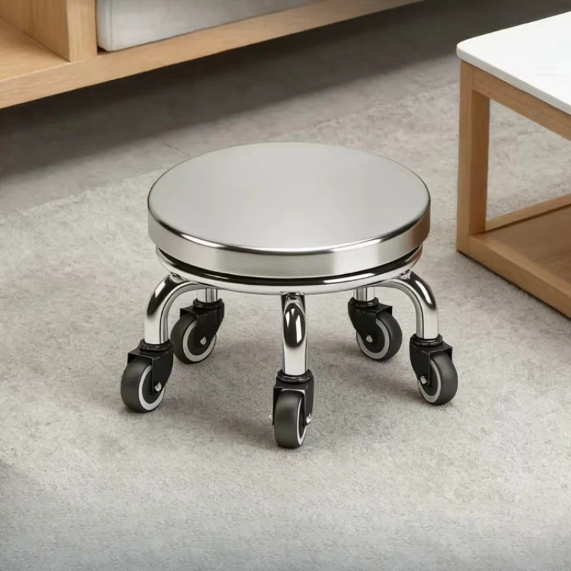 Heavy Duty Small Low Round Stool Thickened Stainless Steel Swivel Seat Durable Home Rolling Stool