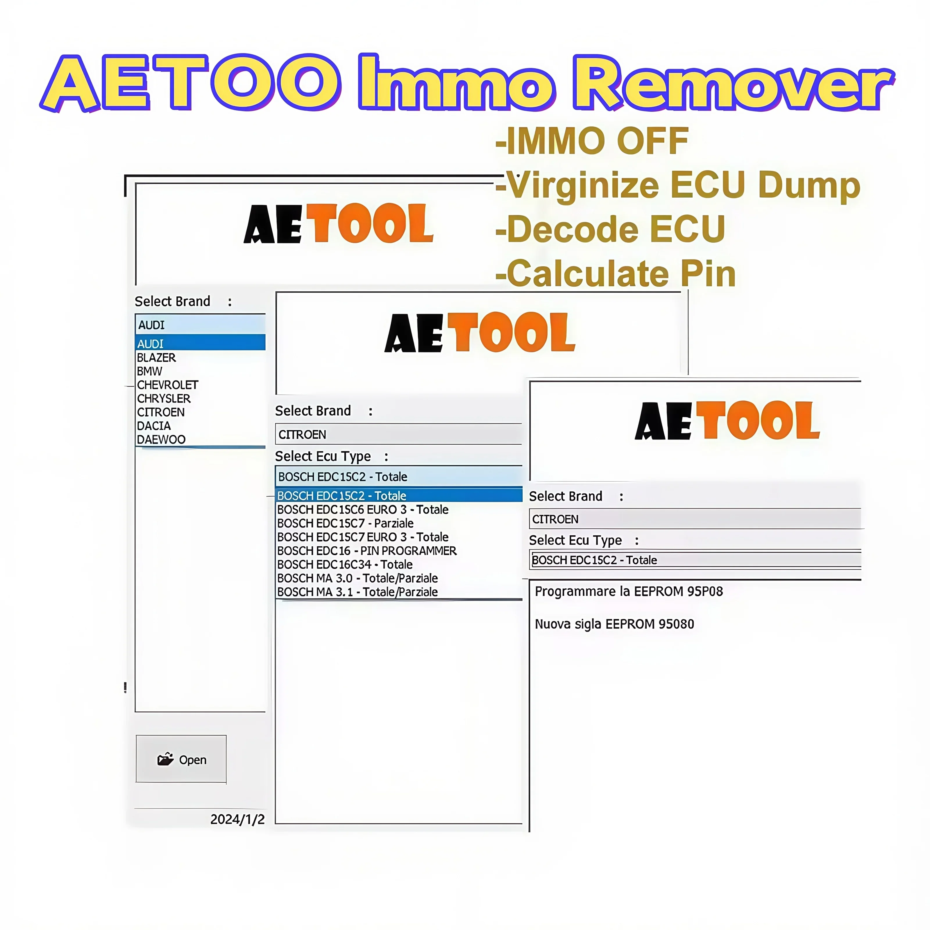 AETOOL IMMO REMOVER V1.3 software AETOOL Immo Eeprom Off Software Virginize ECU Dump Decode ECU Calculate PIN Virgin/IMMO Remove