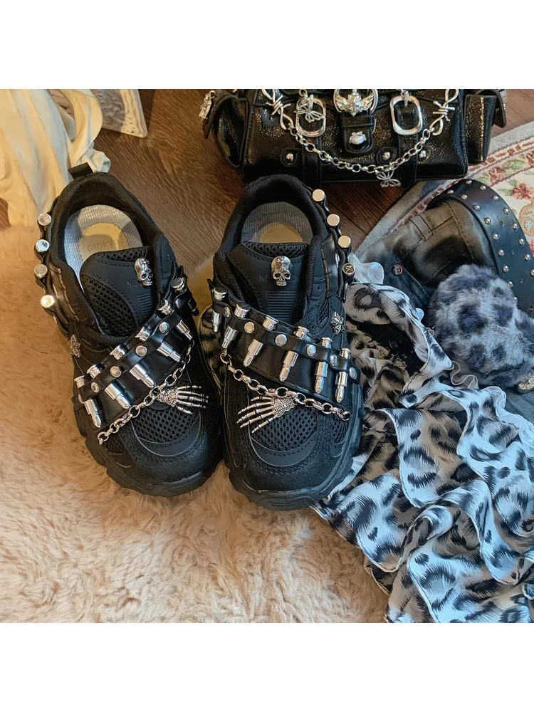 Pinkyo الأصلي الهيكل العظمي المعدني رصاصة سلسلة أبي أحذية الرجعية القوطية الظلام الشرير نمط سميكة سوليد أحذية رياضية