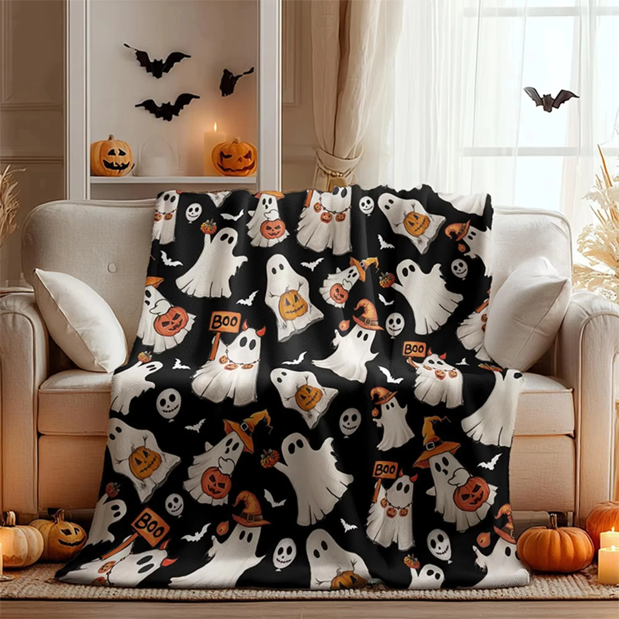 

Halloween Ghost Pumpkin Boo Print Flannel Blanket Scary Design Soft Warm For Party Gift Home Decor Scary Night