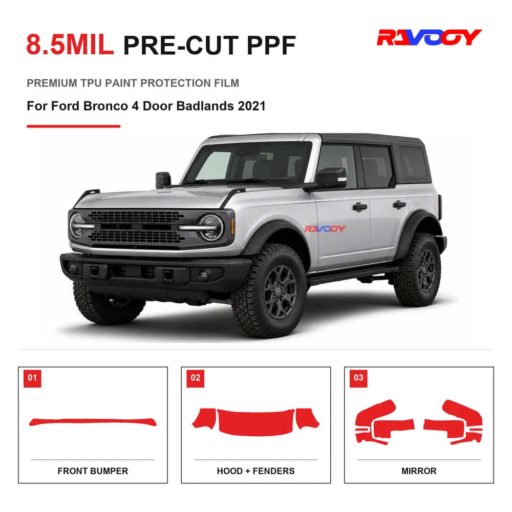 Precut PPF For Ford Bronco 4 Door Badlands 2021 8.5mil TPU Clear Paint Protection Film Self Healing Hydrophobic Stone Chip Guard