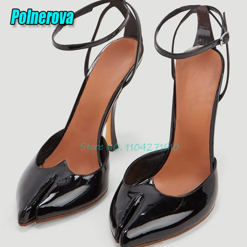 Sexy Pointed Split Toe Thin Heel Women's Sandals Summer New Shallow Ankle Strap Stiletto Pumps Fashion Patent Leather High Heels