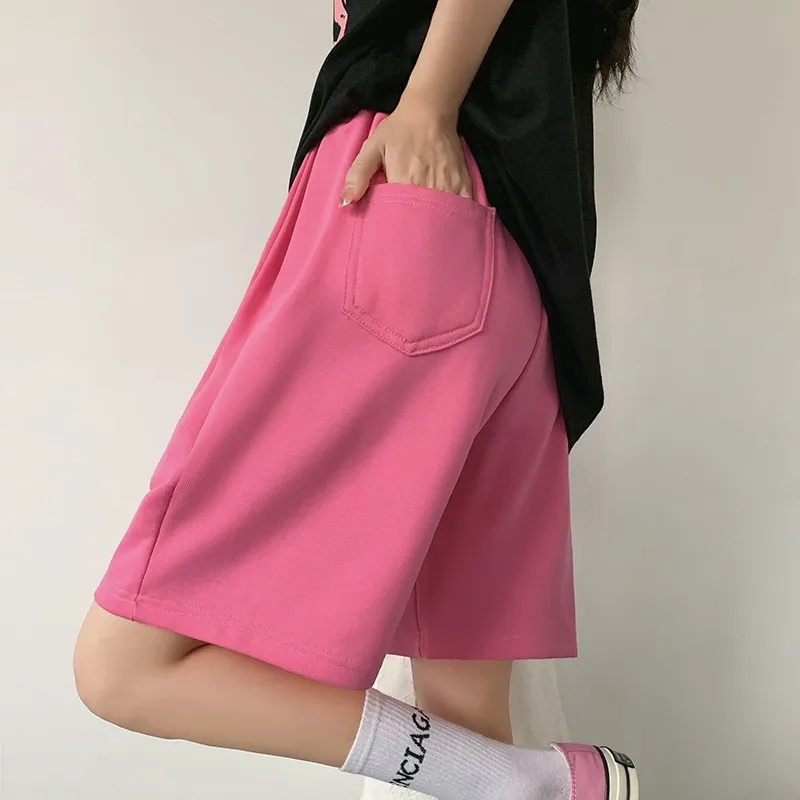 ピンク スポーツ レディース 夏 薄手 ハイウエスト ルーズ スリミング ファイブクォーター ストレートレッグ スウェット カジュアル パンツ H975