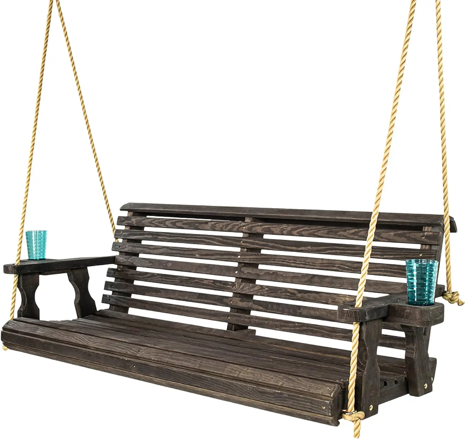 

Amish Casual Heavy Duty 800 Lb Roll Back Treated Porch Swing with Hanging Ropes and Cupholders (5 Foot, Semi-Solid Black Stain)