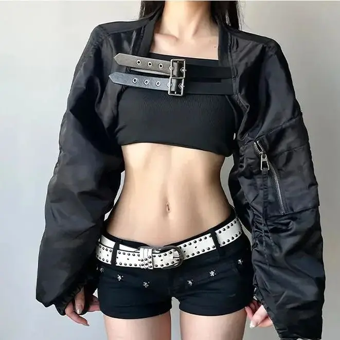 American Sweet Cool Style Belt Black Ultra Short Jacket Women'S Autumn Winter Motorcycle Design Long-Sleeved Top Trendy