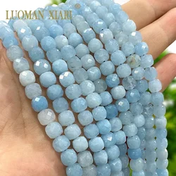 7x7MM Faceted Cube Natural Blue Chalcedony Aquamarine Stone Loose Square Spacer Bead for Jewelry Making Diy Bracelet Accessories