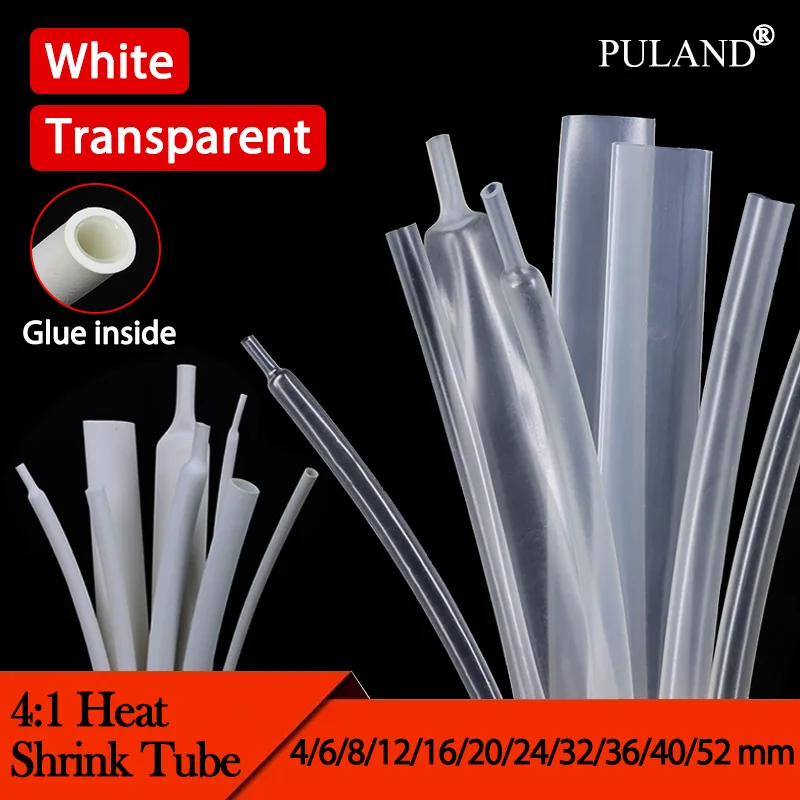 Transparent/White 4:1 Glued Heat Shrink Tube Diameter 4~52mm Polyolefin Adhesive Wire Cable Repair Wrap Sleeve Dual Wall Tubing