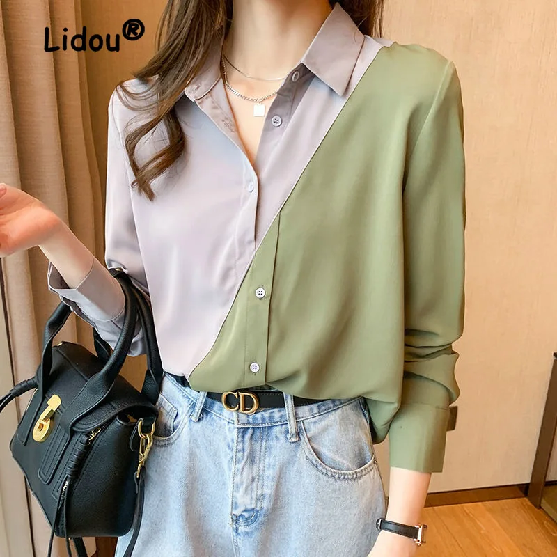 Fashion Contrast Color Fake Two Pieces Personality Blouse Women New Office Polo Collar Long Sleeve Chiffon Lady Shirt 2023