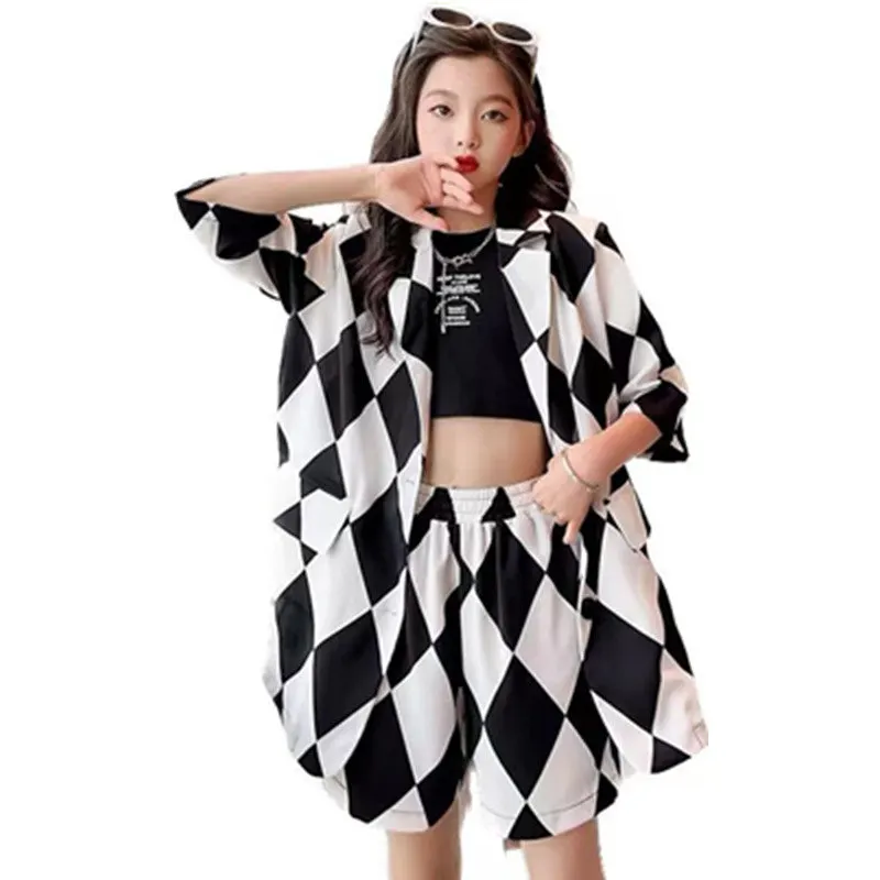 

Suit for Girls for Summer Black White Plaid Suit Blazer Jacket + Shorts 2PCS England Style Cool Children Clothing Sets 10 12 14Y
