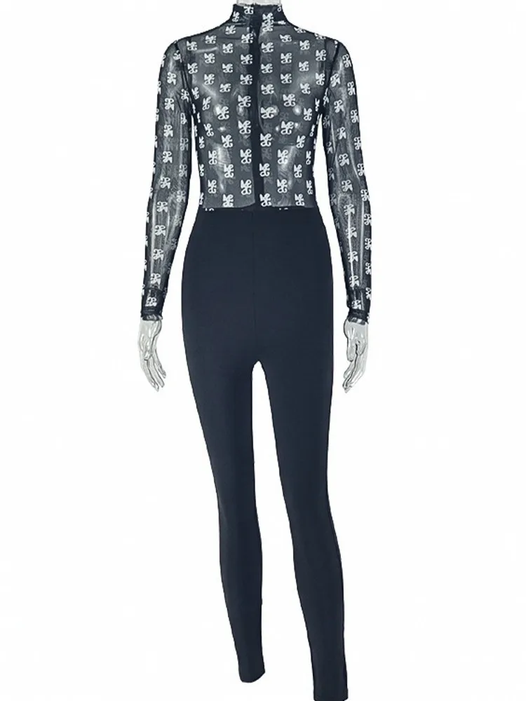

Retro Jumpsuit Women Sexy Slim Fit Flower Print Long Sleeve Tight Leggings Round Neck Versatile Casual Wear Spring Fashion