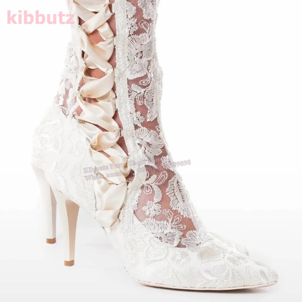 Over The Knee Wedding Boots Ivory Lace Up Pointed Toe Thin Heel Side Zipper Sweetheart Bridal Women Fashion Sexy Elegant Shoes