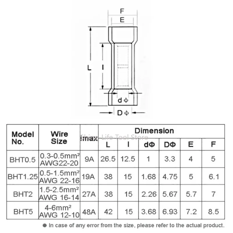 SL Heat Shrink Insulated Butt Terminals  Automobile Wire Cable BHT Cold Press Terminals BHT 0.5/1.25/2/5 Yellow/Red/Blue