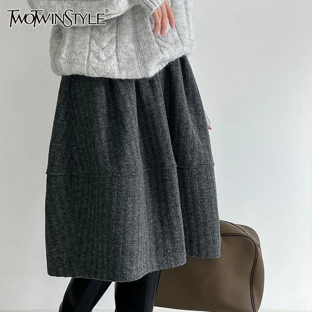 

TWOTWINSTYLE Solid Spliced Folds Basics Skirt Female High Waist Loose Korean Minimalist Women's Long Skirts Autumn New Fashion
