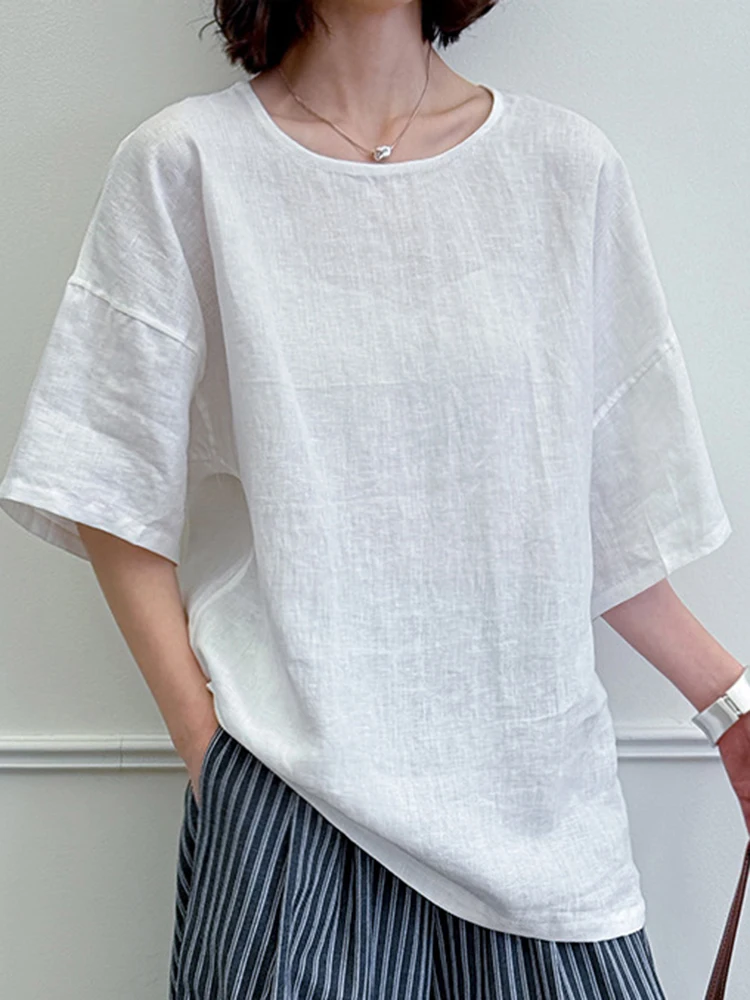 YERMORA Pink Color Back Button Linen Thin Blouse For Women O-neck Half Sleeve Loose New Shirt Fshion Tide Spring Summer 2025