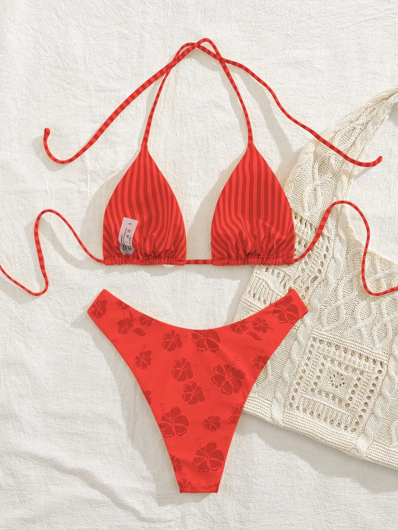 

Красный комплект бикини с цветочным принтом и завязками на шее для женщин, пляжная одежда для плавания