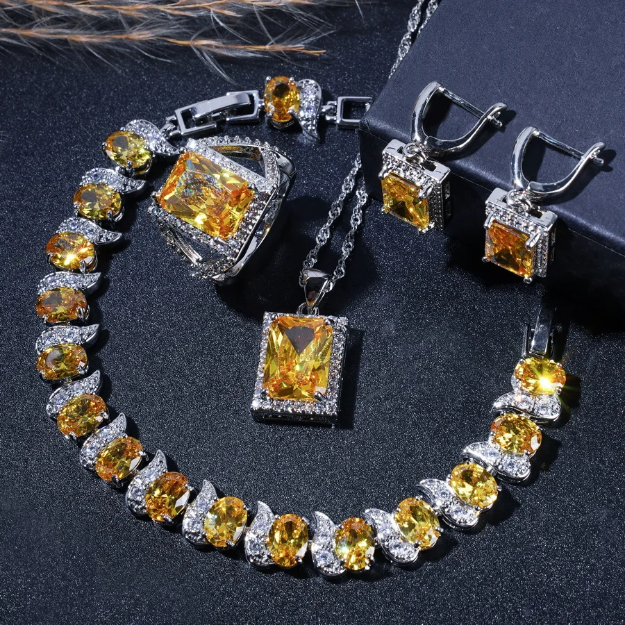 Elegant Vintage-Inspired Zircon Inlaid Jewelry Set For Women - Includes Necklace, Earrings, Adjustable Ring - Perfect For Daily