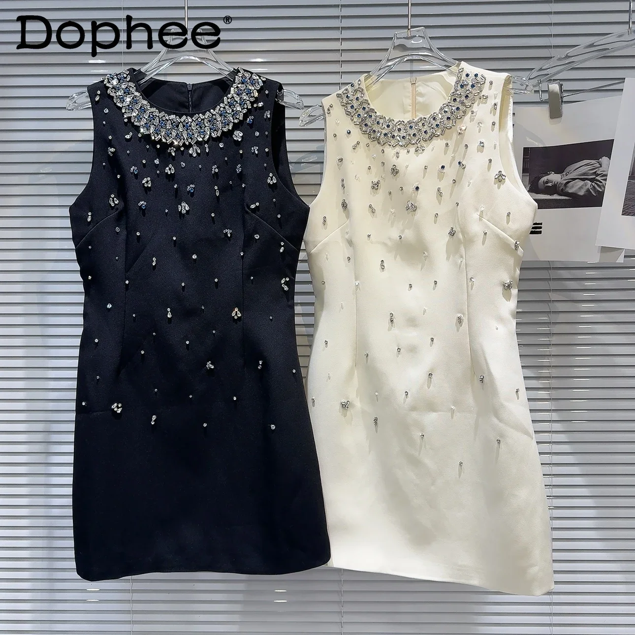 Spring 2025 New French Rhinestone Beads Heavy Industry Temperament Celebrity Vest Dress Elegant Ladies Little Black Dress