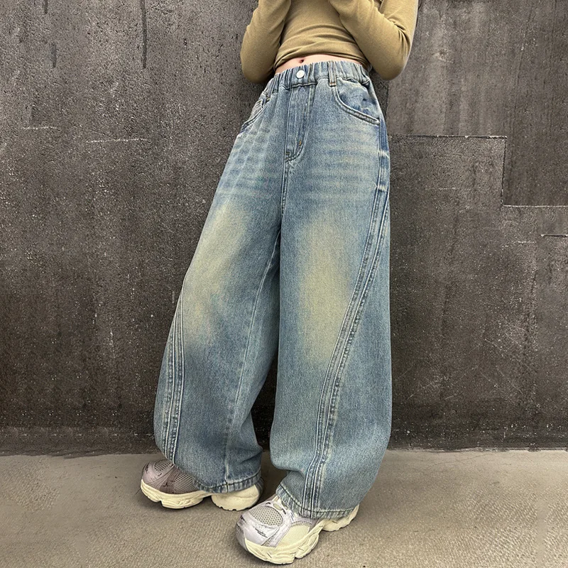 

Модные джинсы для девочек-подростков, осенний новый стиль, лоскутные широкие джинсовые брюки для больших детей в стиле ретро, детские свободные брюки для детей 4-14 лет