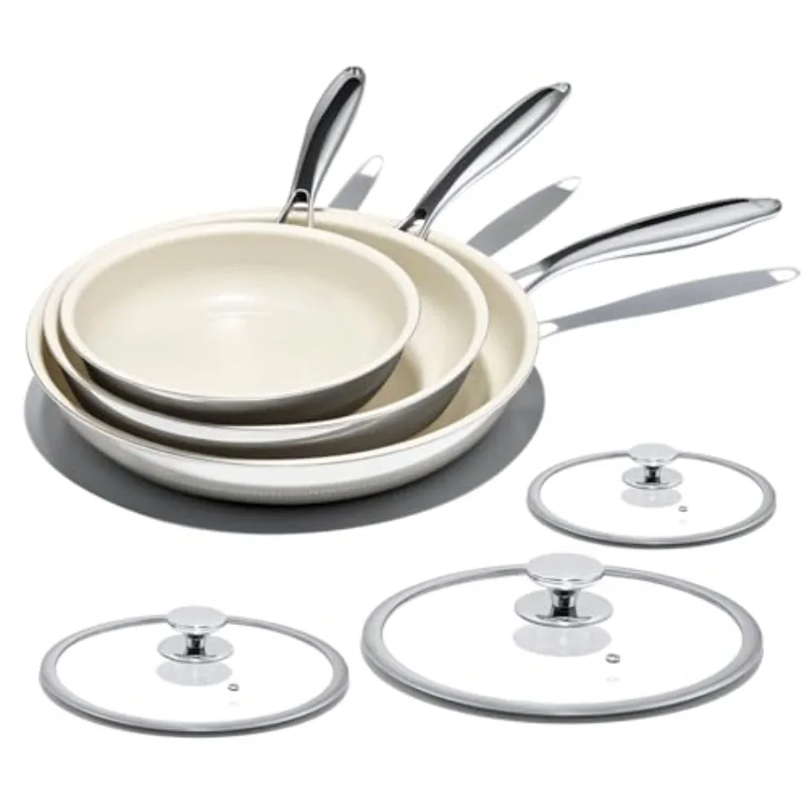 

Nonstick Frying Pan Set 8 10 12 Titanium Ceramic Skillet with Lid for Kitchen Use Cream White PFAS/PTFE/PFOA-Free Non-Toxic Dis