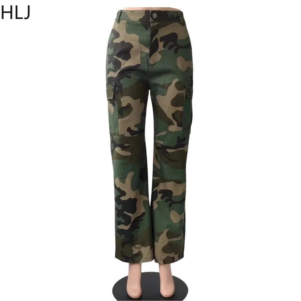 HLJ Fashion Camouflage Pocket Cargo Pants Two Piece Sets Women Letter Print V Neck Short Sleeve Crop Top And Pants Outfits 2025