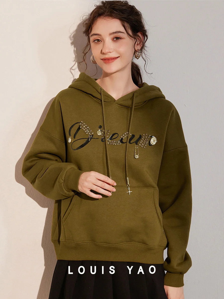 LOUIS YAO 2025 Thick Velvet Hoodie Winter Fashionable Letter Printed Nail Bead Thick Warm Top for Women