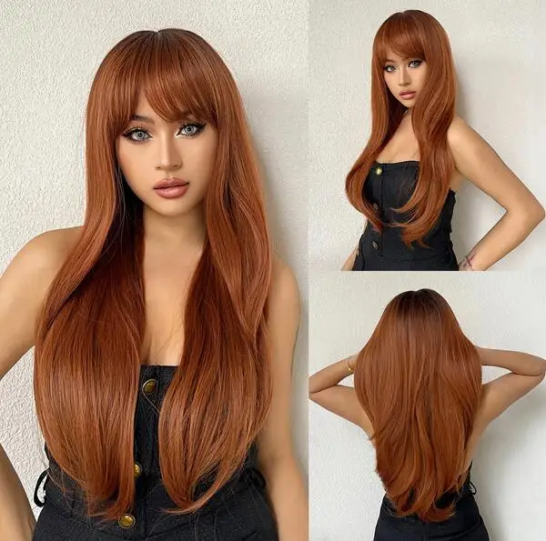 

Copper brown natural long hair wig, all bangs synthetic wig