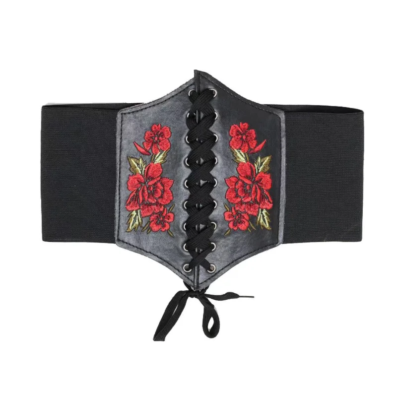 Women\'s Corset Belt Gothic Fashion PU Flower Embroidery Cummerbunds Female Slimming Waist Band Vintage Black Wide Belt for Girl