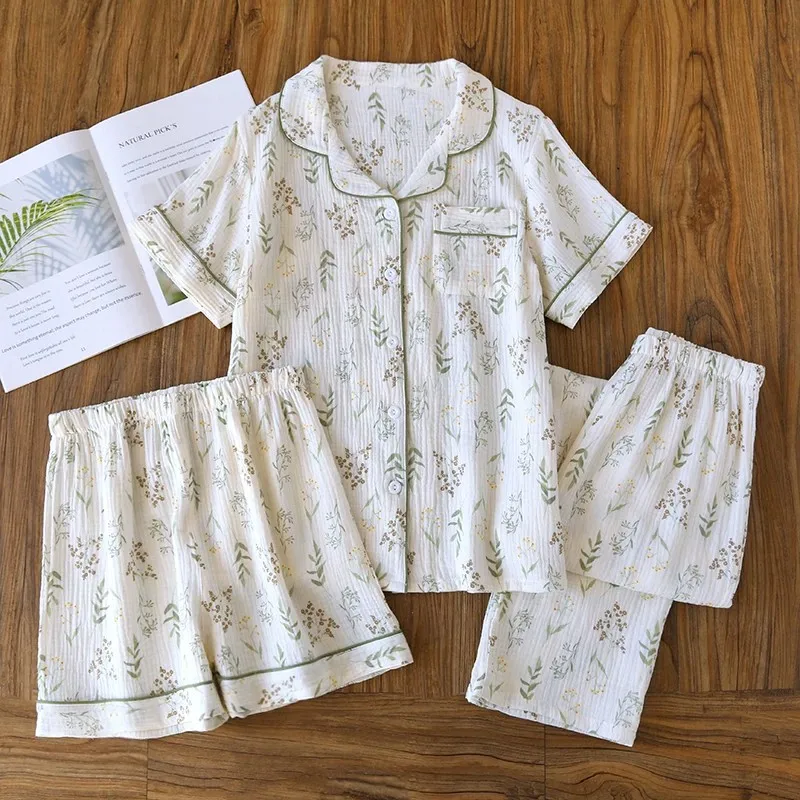 

2026 Summer New Women's Pajama Set 100% Cotton Three piece Set Short Sleeve+Shorts+Pants Crepe Home Clothes Sleepwear