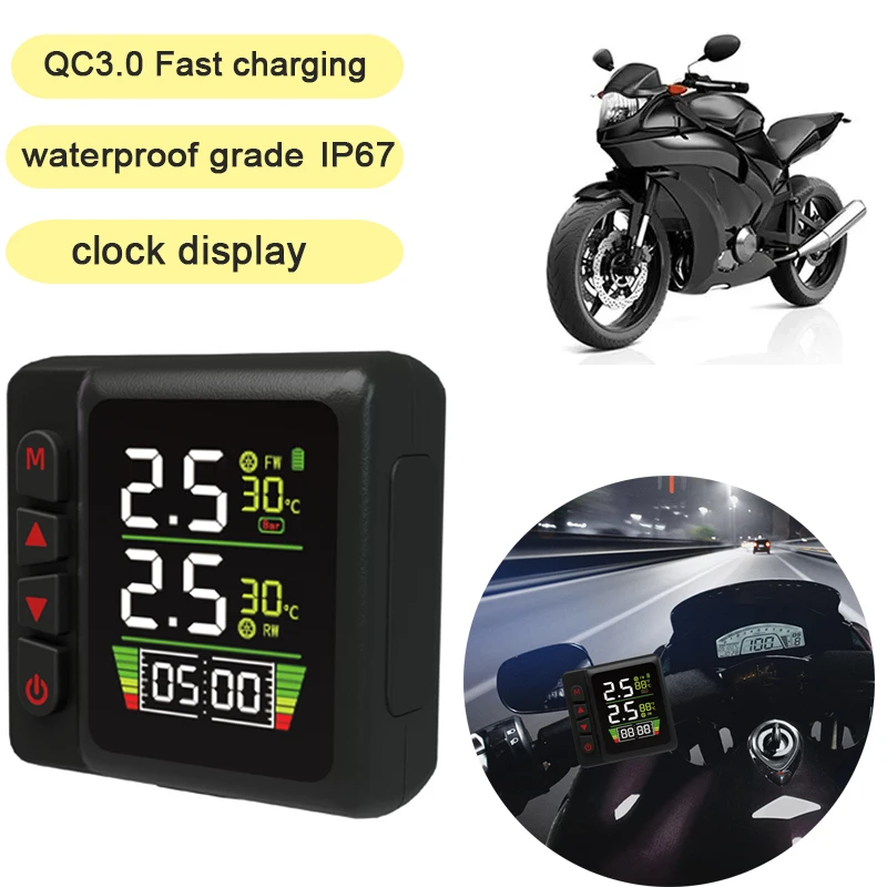 

MT001 Motorcycle Tire Pressure Monitors Temperature Monitoring Alarm System QC3.0 Fast Charging with Waterproof for Car Tmps