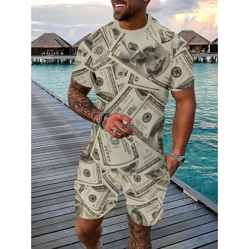 Summer 2025 3D Printed Gold Coin Grid Rainbow Color Block Fashionable Round Neck Short Sleeved T-shirt Shorts Set for Men