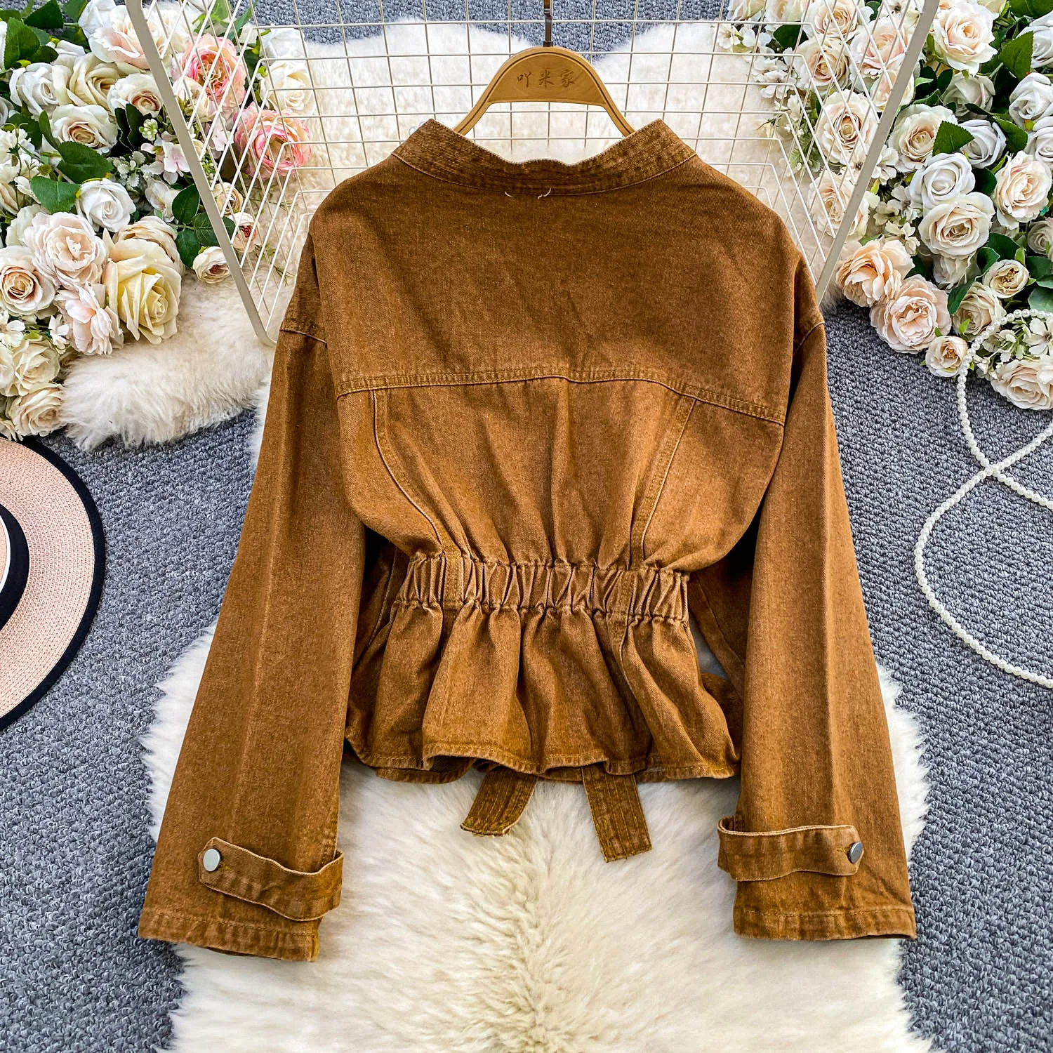 Moda miçangas diamantes marrom denim casaco feminino com decote em v cintura fina design feminino topos jaqueta feminina primavera outono outerwears