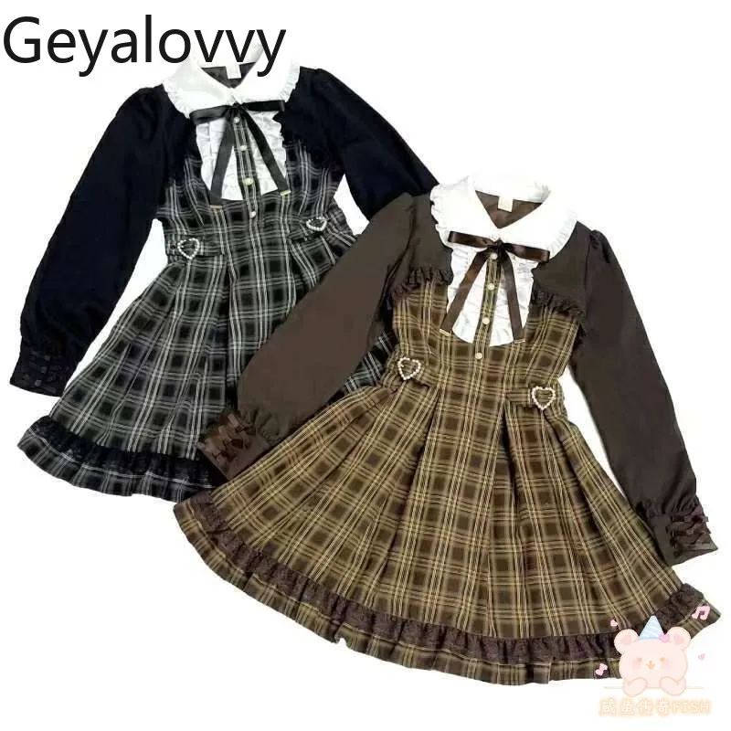 

SC Новое клетчатое искусственное двухсекционное тонкое платье с высокой талией и длинными рукавами Лолита Массовые платья на шнуровке в студенческом стиле в стиле ретро