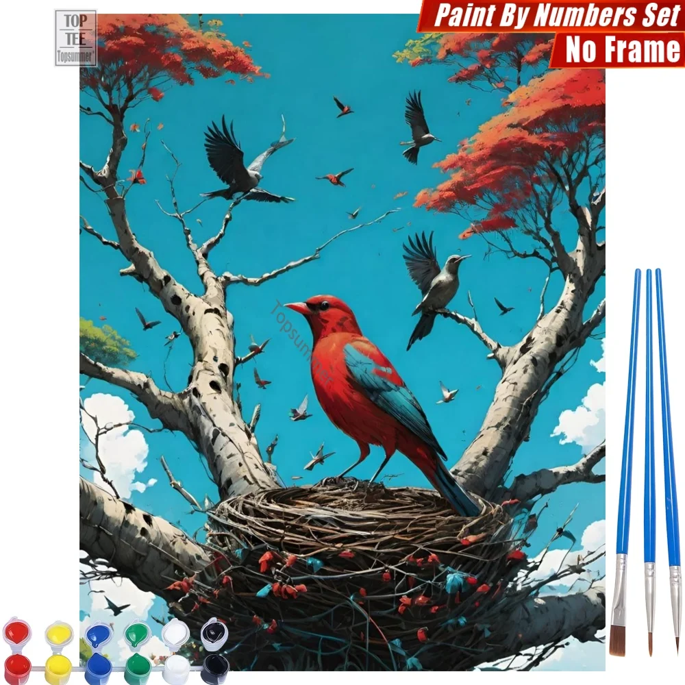 Vibrant Nest Red - Set de Pintura por Números - Pájaro Rojo y Hojas, Tiempo en Familia de Calidad, Regalo del Día de la Madre para Mamá